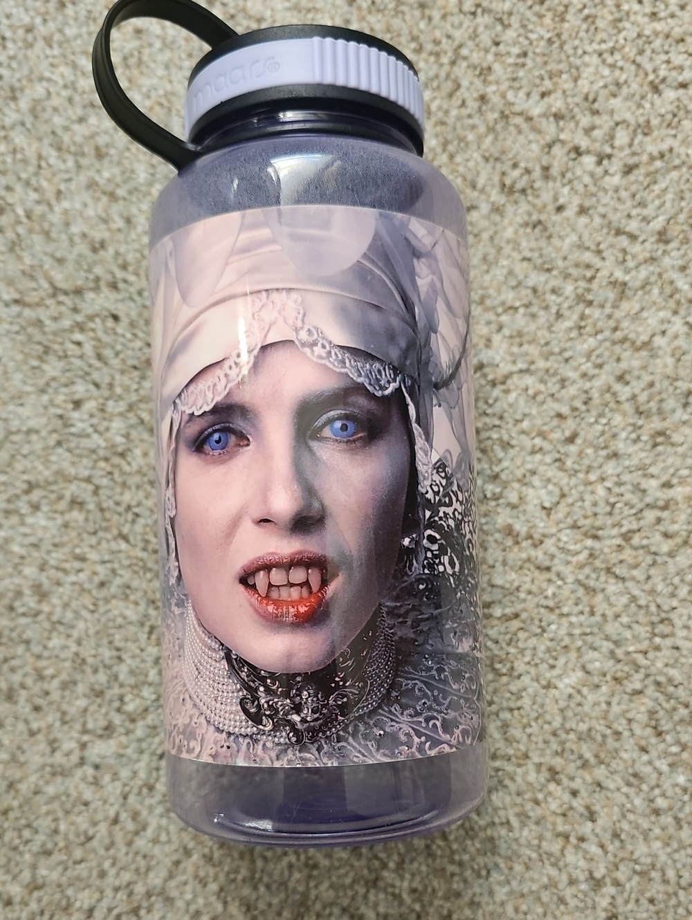 Purple Graphic Water Bottle with Lucy Vampire  Face Artwork